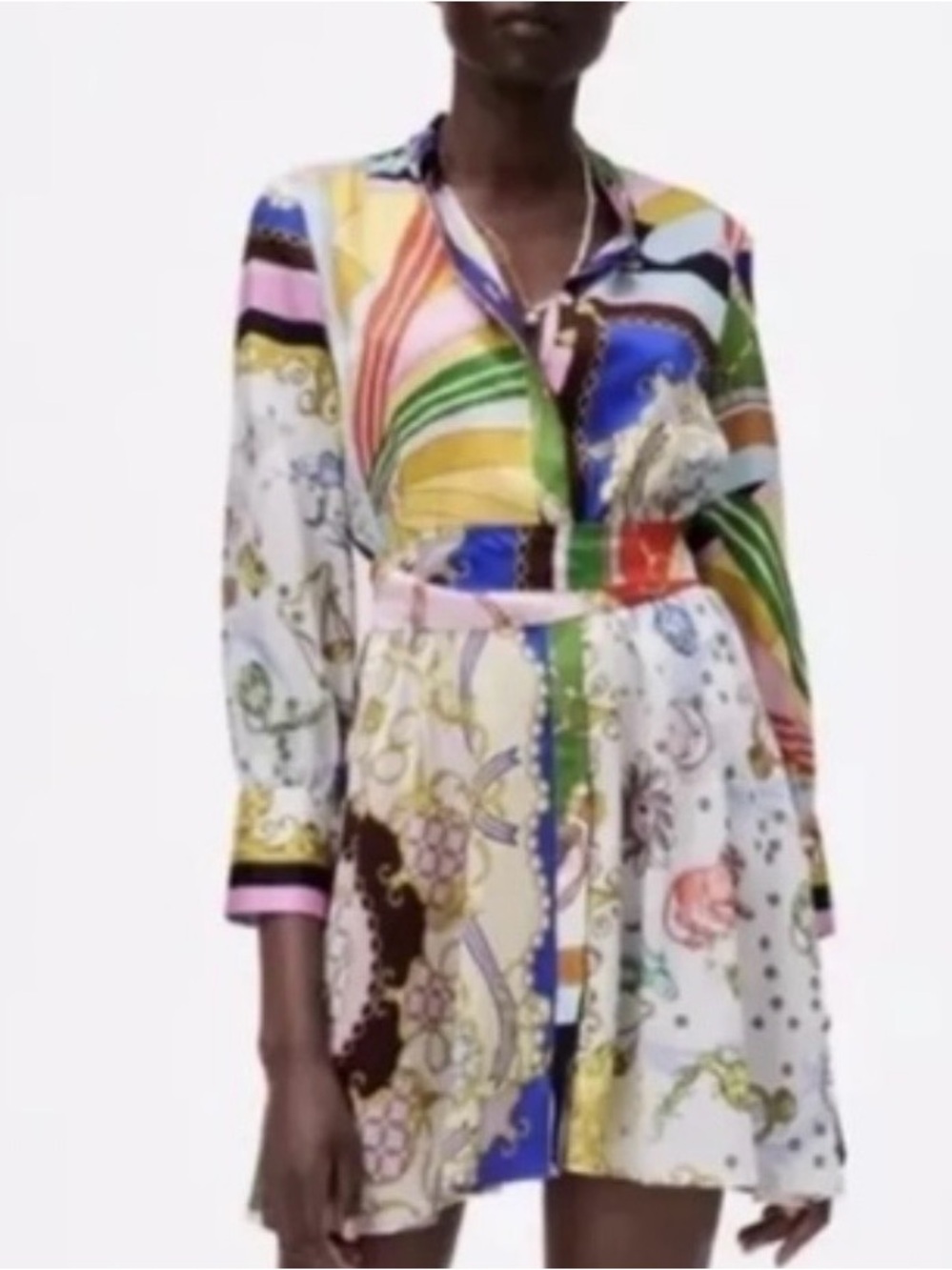 Zara Multicolor Printed Long-Sleeve Shirt Dress